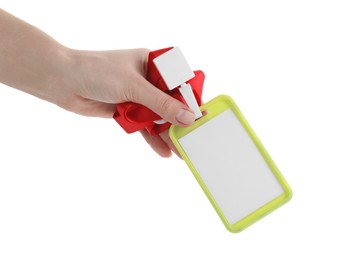 Photo of Woman holding blank badge with string on white background