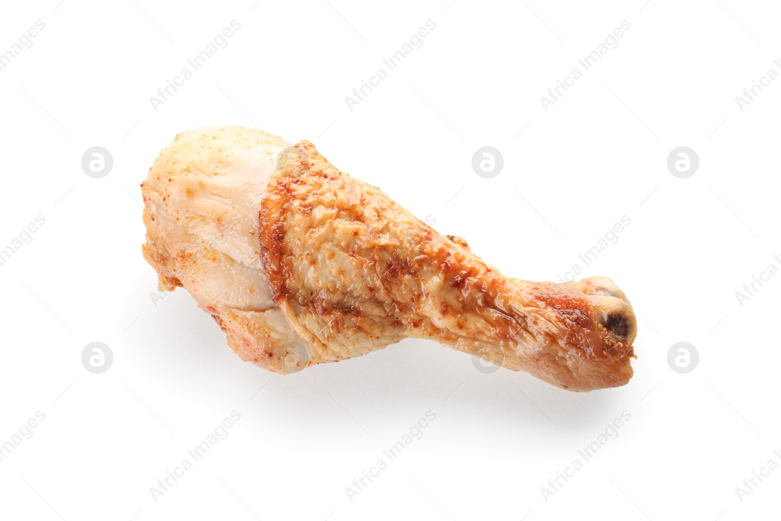 Photo of Fried chicken drumstick on white background. Delicious meat