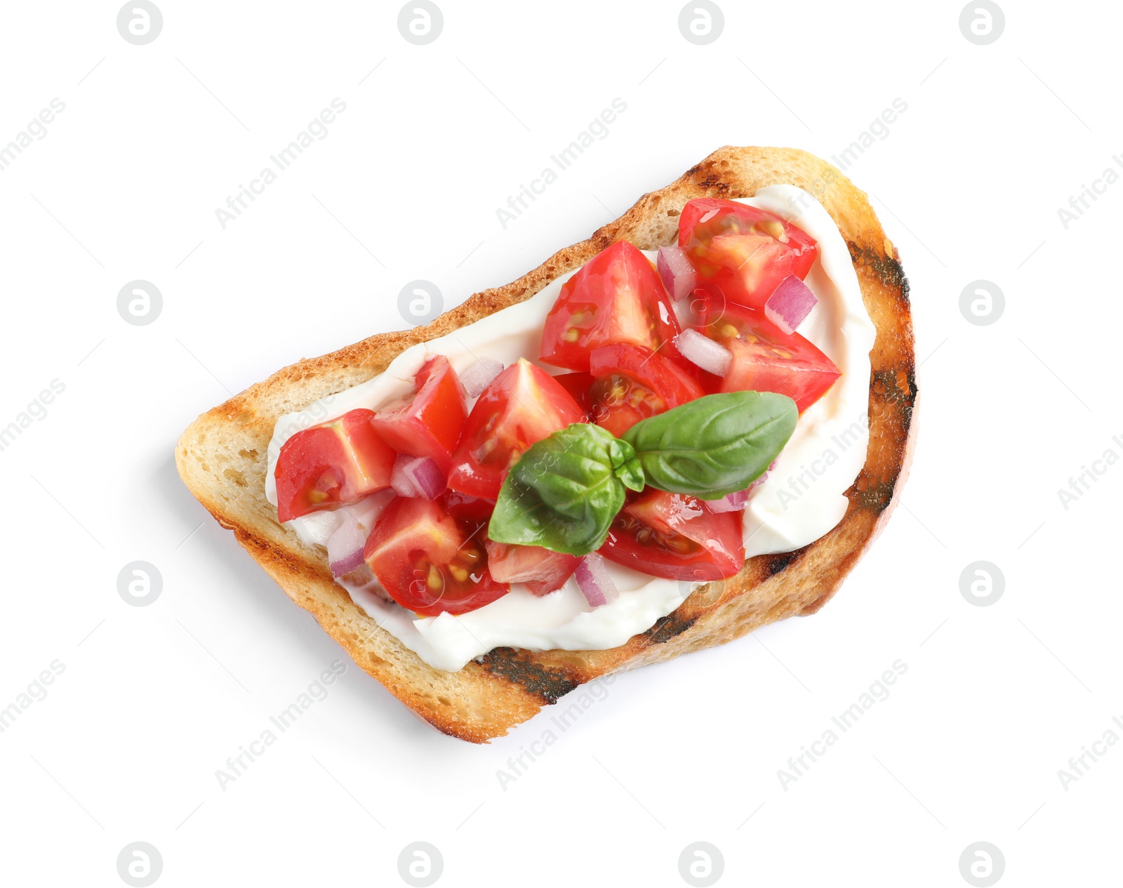 Photo of Tasty bruschetta with tomato on white background, top view