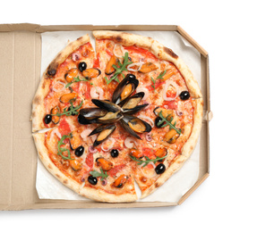 Tasty pizza with seafood in cardboard box isolated on white, top view