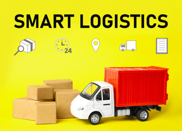 Image of Smart logistics concept. Truck with boxes and icons on yellow background