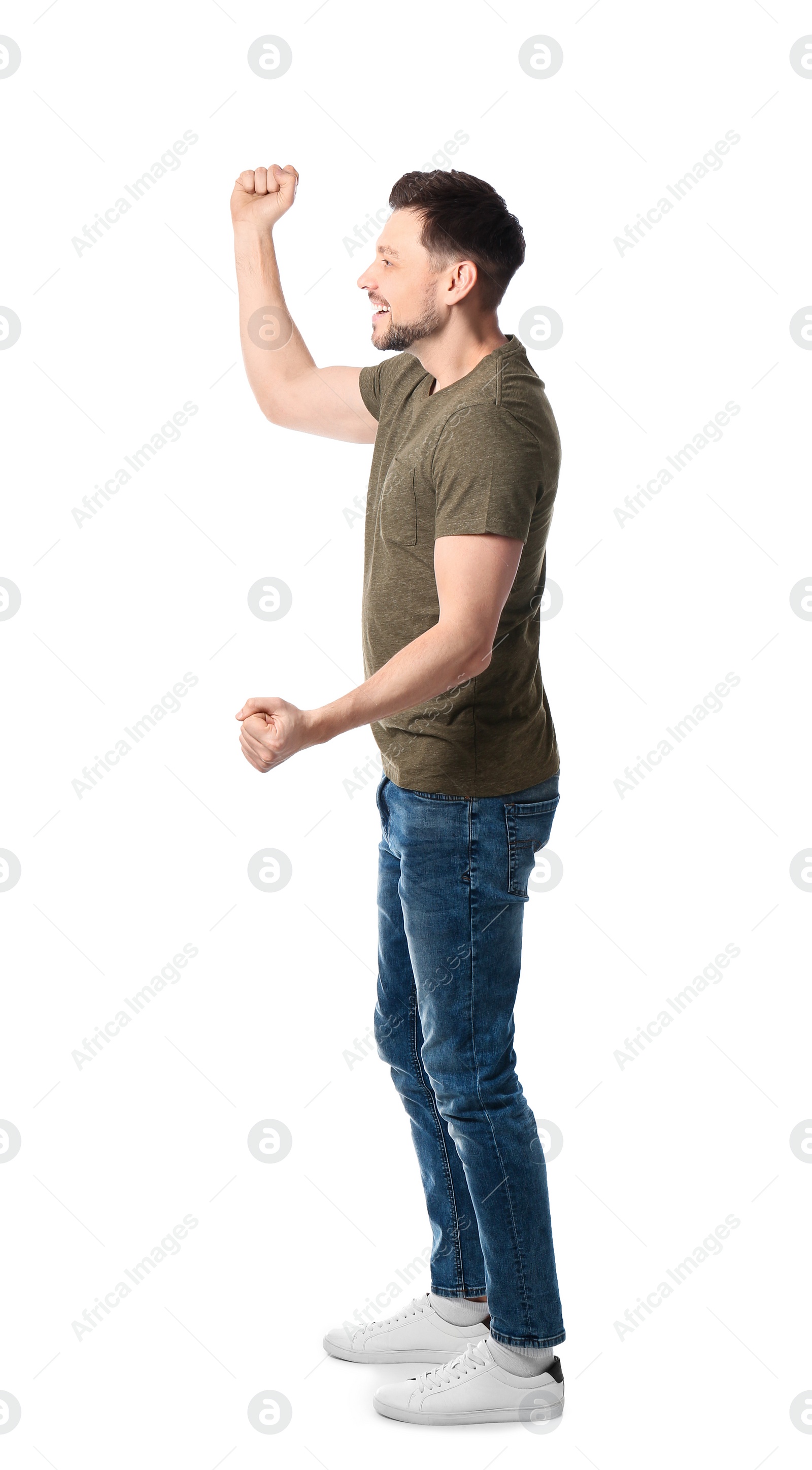 Photo of Full length portrait of emotional man posing on white background