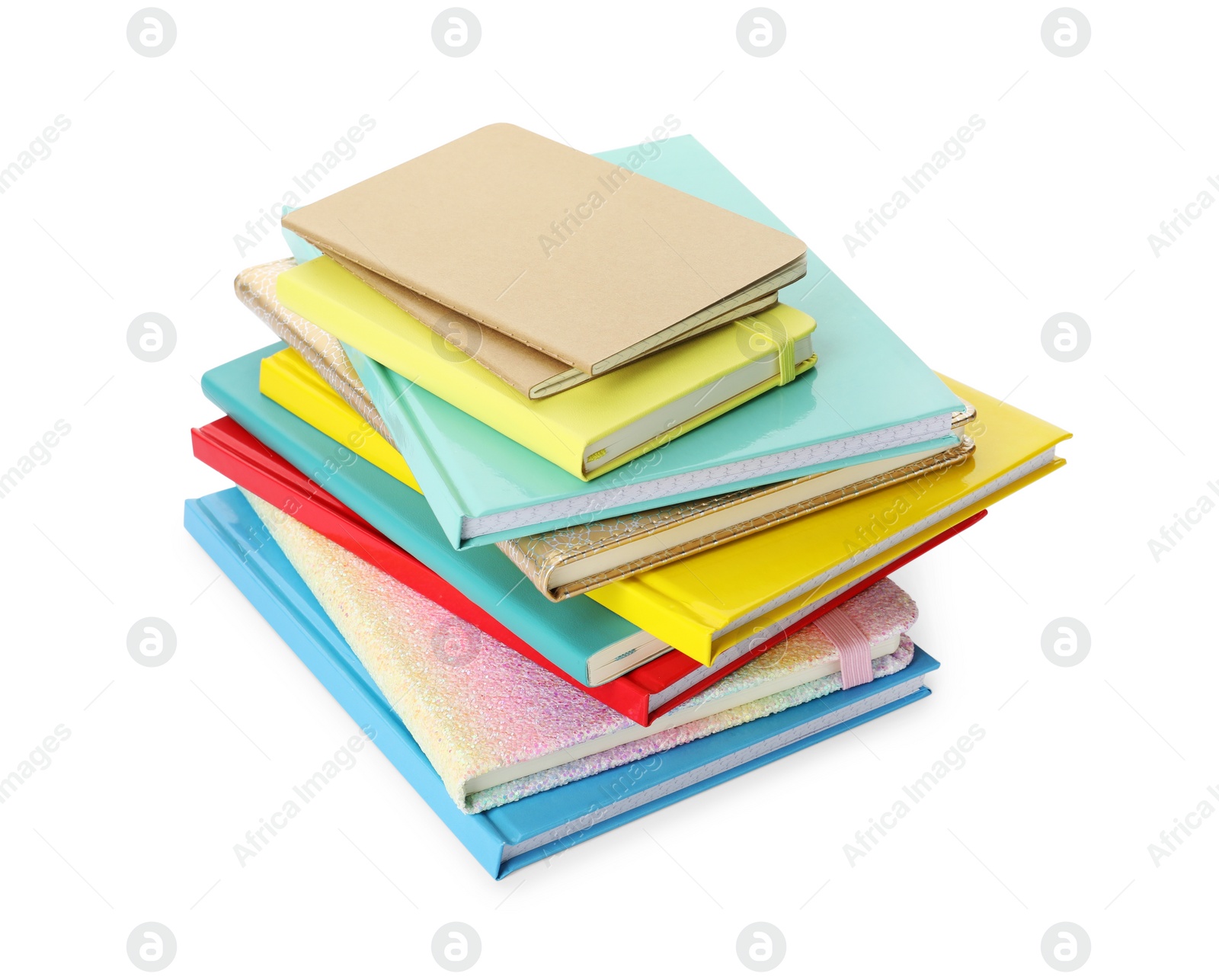 Photo of Stack of different colorful hardcover planners on white background