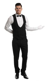 Photo of Handsome butler in elegant uniform on white background