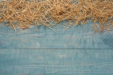 Photo of Heap of dried hay on light blue wooden background, flat lay. Space for text