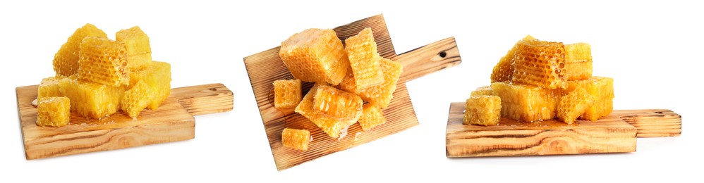 Image of Set with fresh delicious honeycombs on white background. Banner design