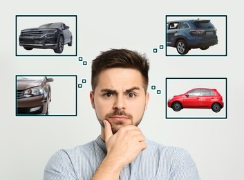 Car buying. Man choosing auto on light background