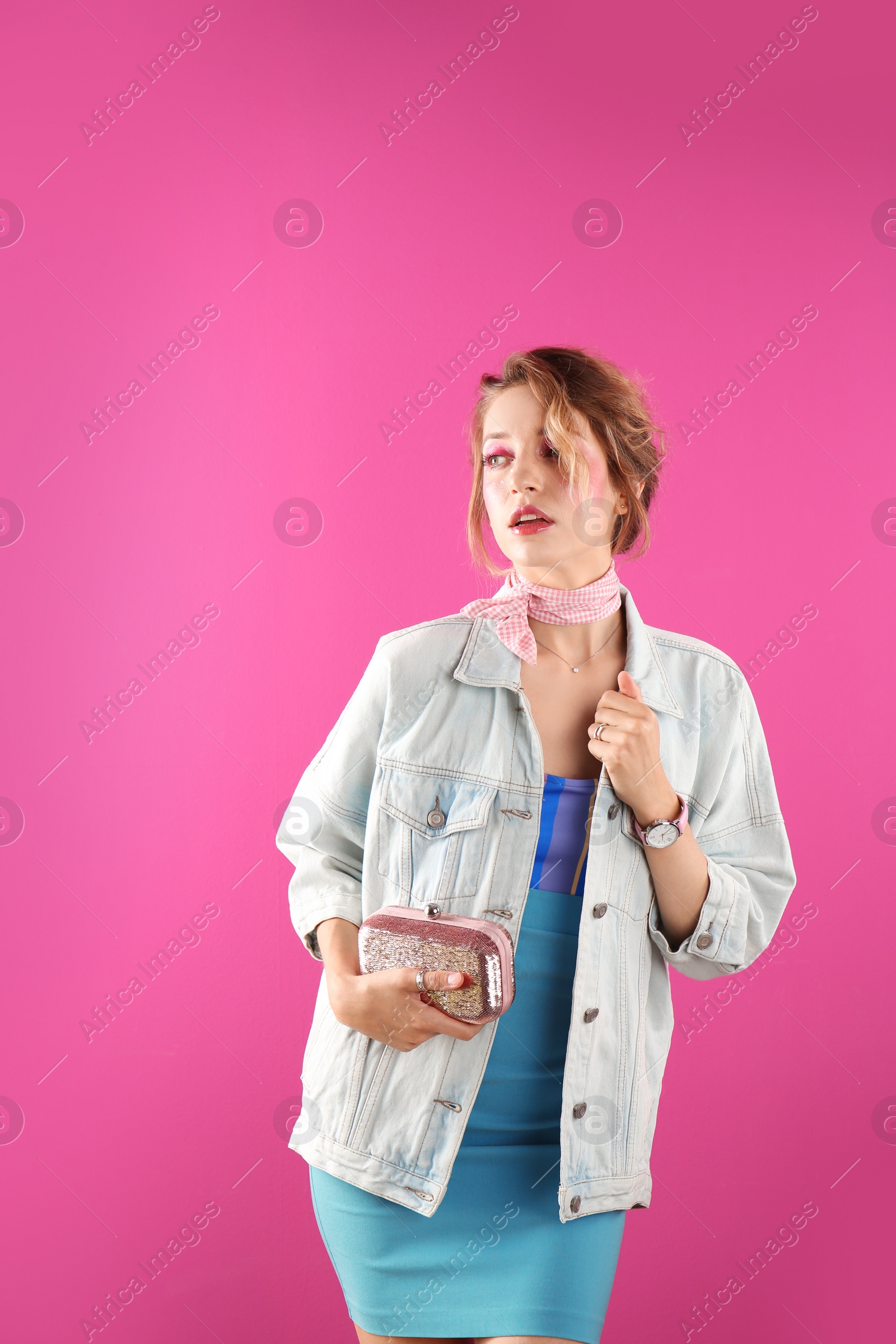 Photo of Beautiful young woman posing on color background. Summer fashion