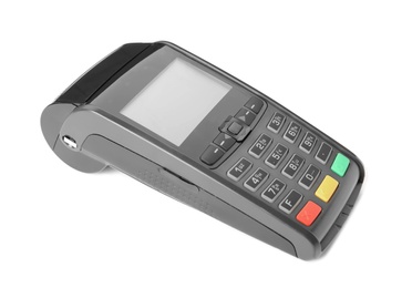 New modern payment terminal on white background