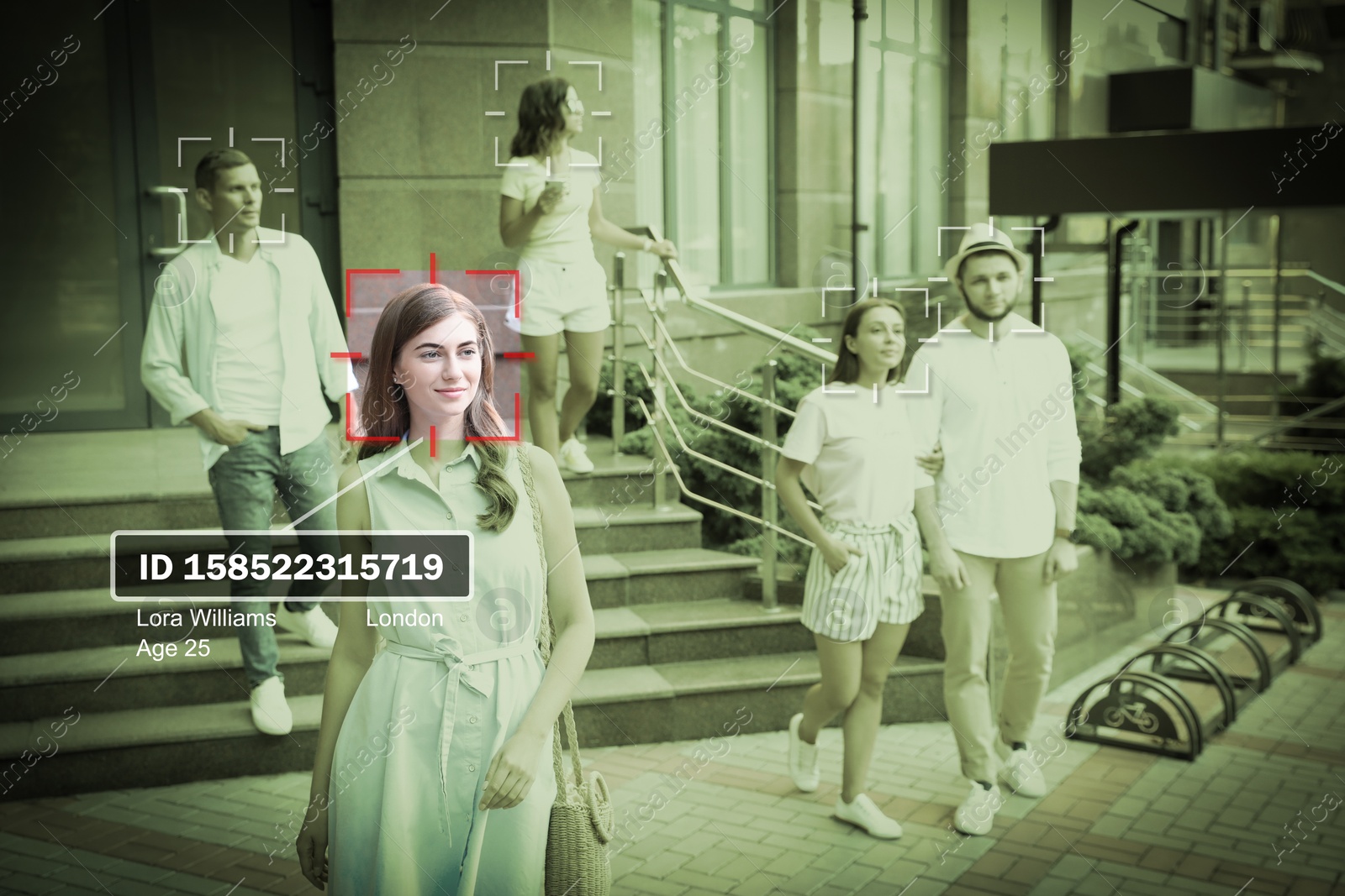 Image of Facial recognition system identifying people on city street. Woman and her personal data