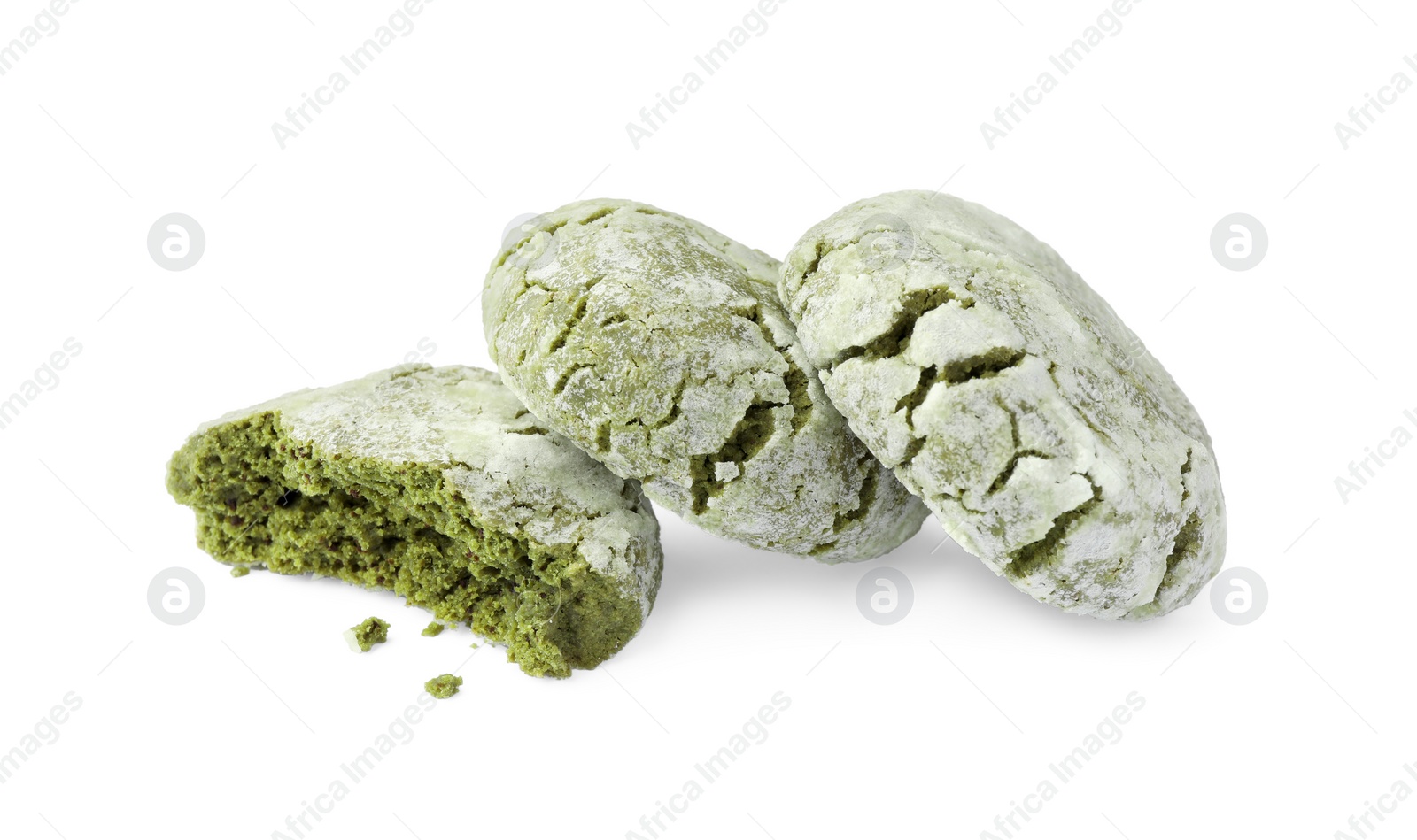 Photo of Tasty whole and broken matcha cookies on white background