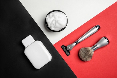 Photo of Flat lay composition with shaving accessories for men on color background