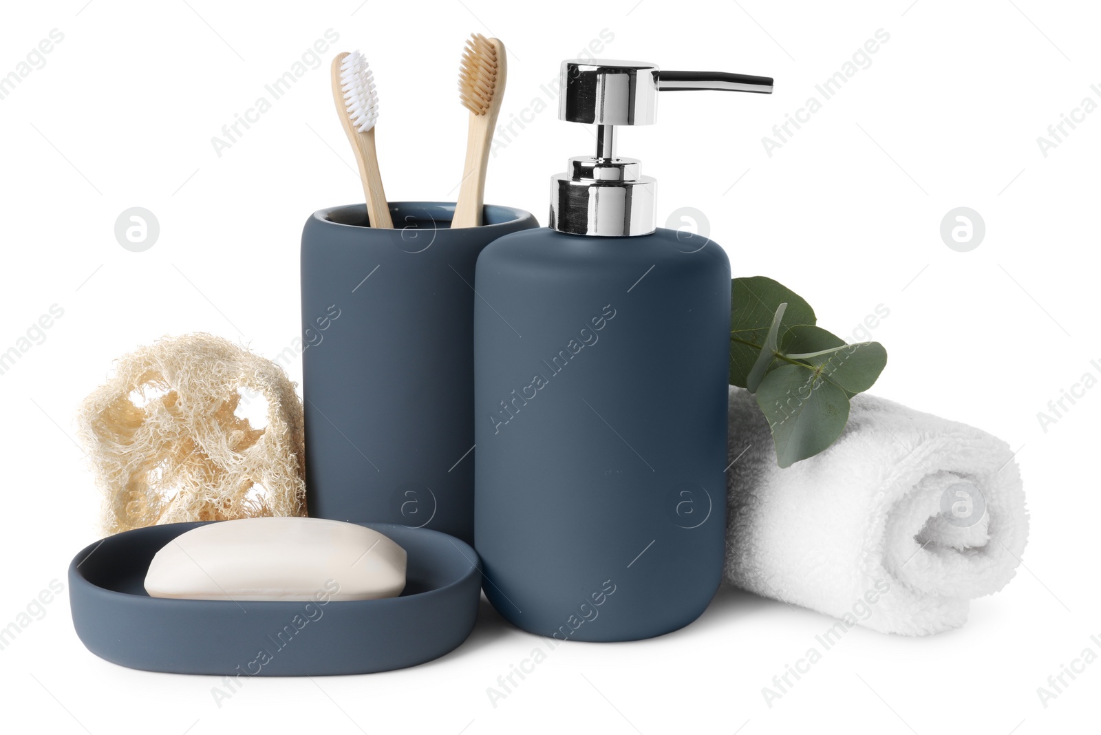 Photo of Bath accessories. Set of different personal care products and eucalyptus leaves isolated on white