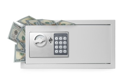 Photo of Steel safe with money on white background