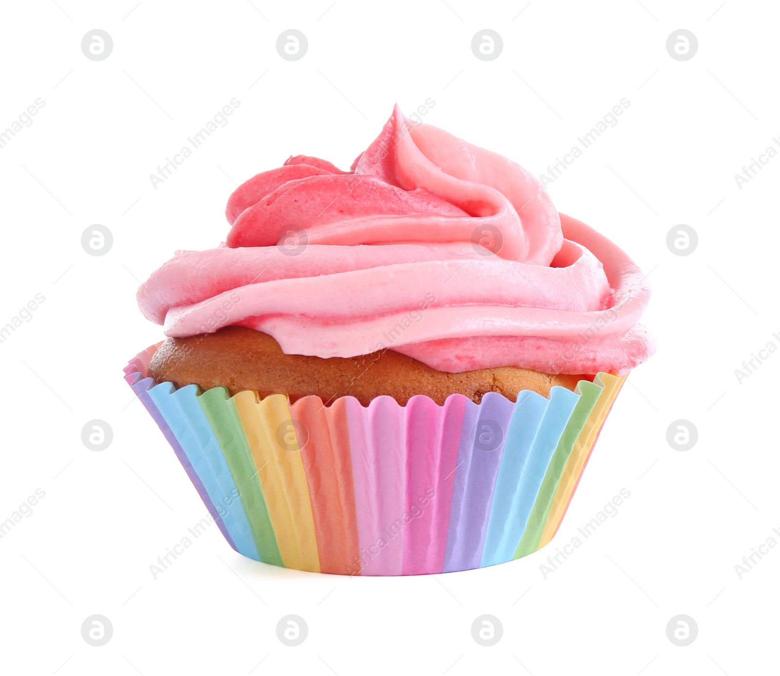 Photo of Delicious cupcake with pink cream isolated on white