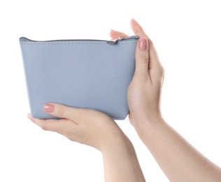 Photo of Woman with cosmetic bag isolated on white, closeup