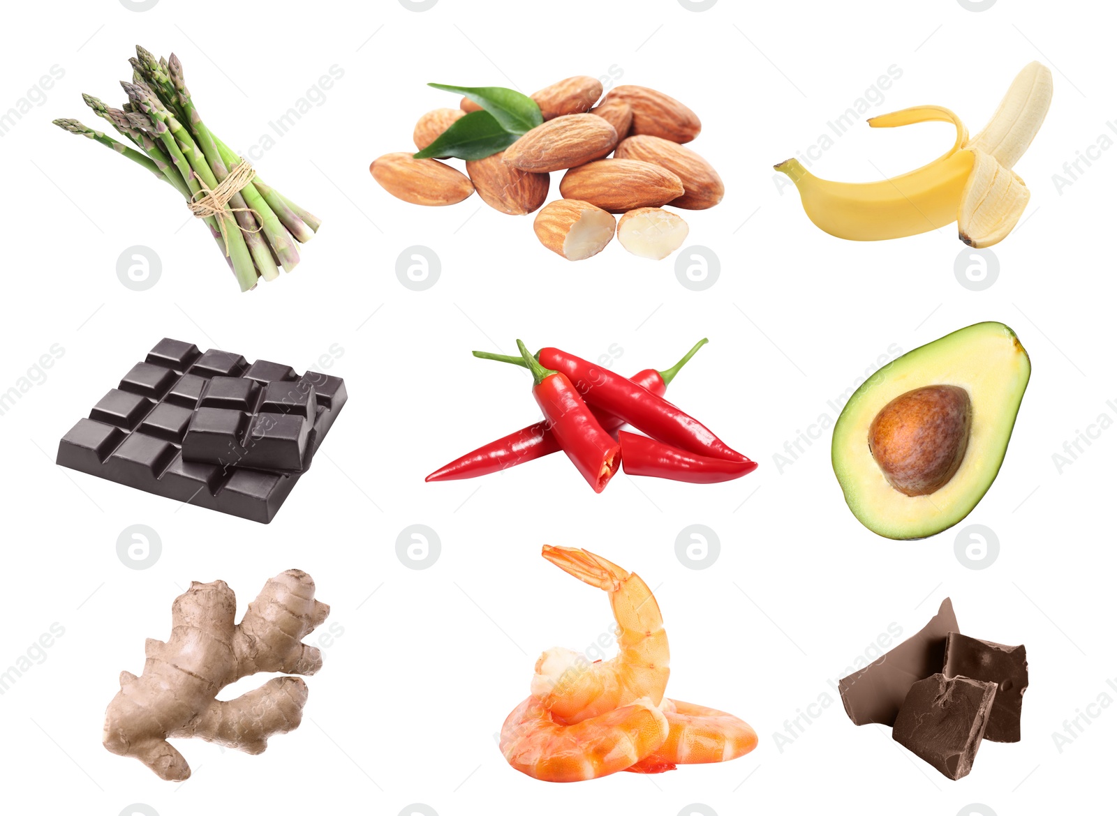 Image of Set with different aphrodisiac food for increasing sexual desire on white background 