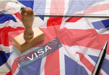 Image of Visa to United Kingdom. Multiple exposure with flag of Great Britain and stamp