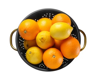 Photo of Colander with fresh citrus fruits isolated on white, top view