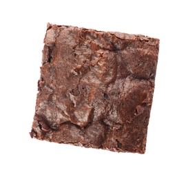 Piece of fresh brownie on white background, top view. Delicious chocolate pie