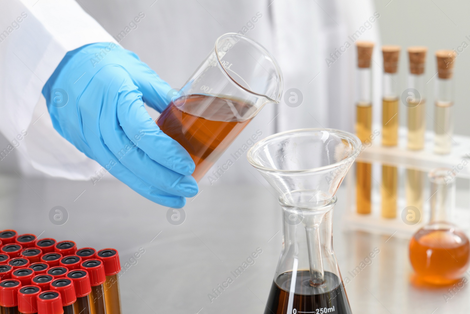 Photo of Scientist pouring liquid from beaker into conical flask, closeup