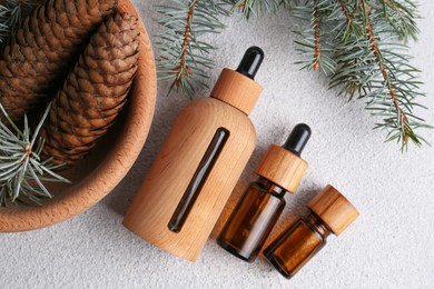 Photo of Bottles of aromatic essential oil, pine branches and cones on light grey table, flat lay