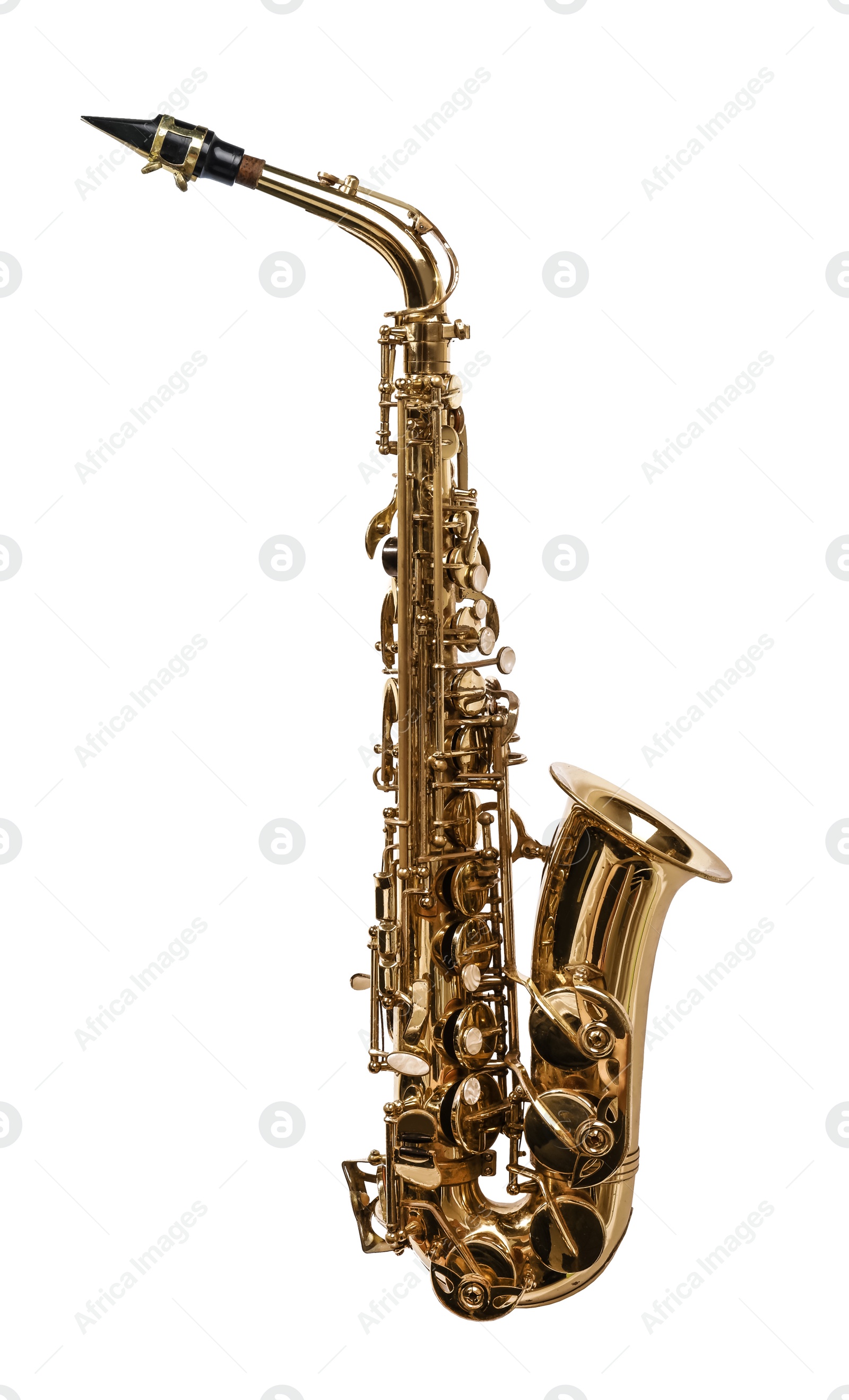 Photo of Beautiful saxophone isolated on white. Musical instrument