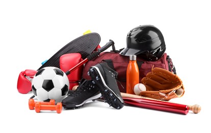 Photo of Many different sports equipment isolated on white