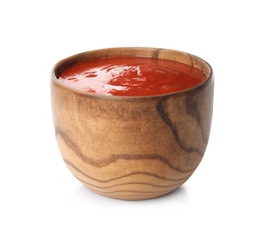 Photo of Bowl of tasty tomato sauce isolated on white