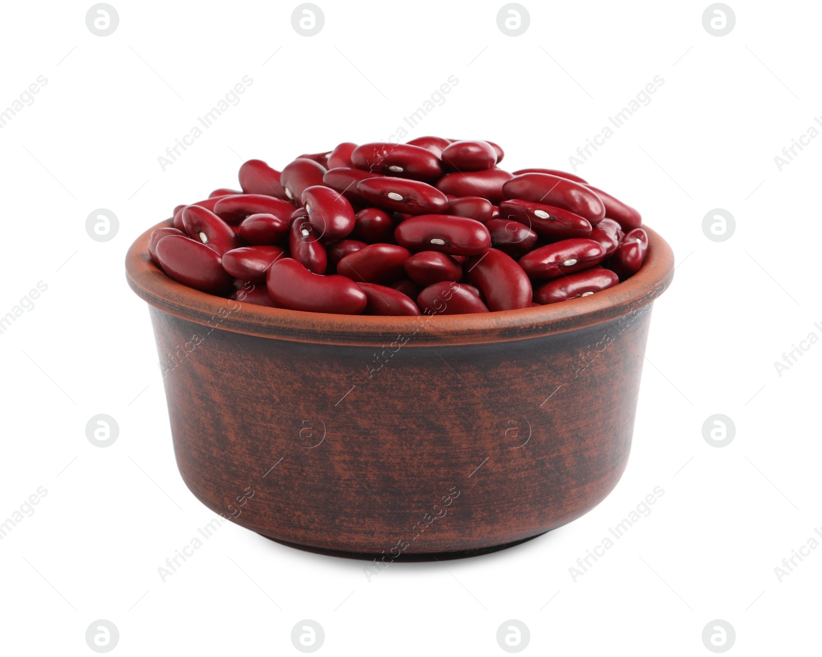 Photo of Bowl of raw red kidney beans isolated on white