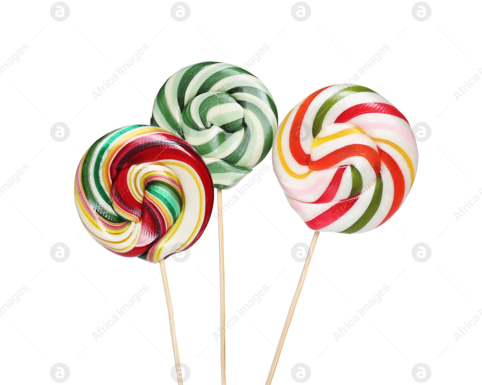 Photo of Sticks with colorful lollipops isolated on white