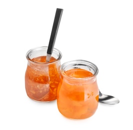 Photo of Two jars with tasty sweet jam on white background