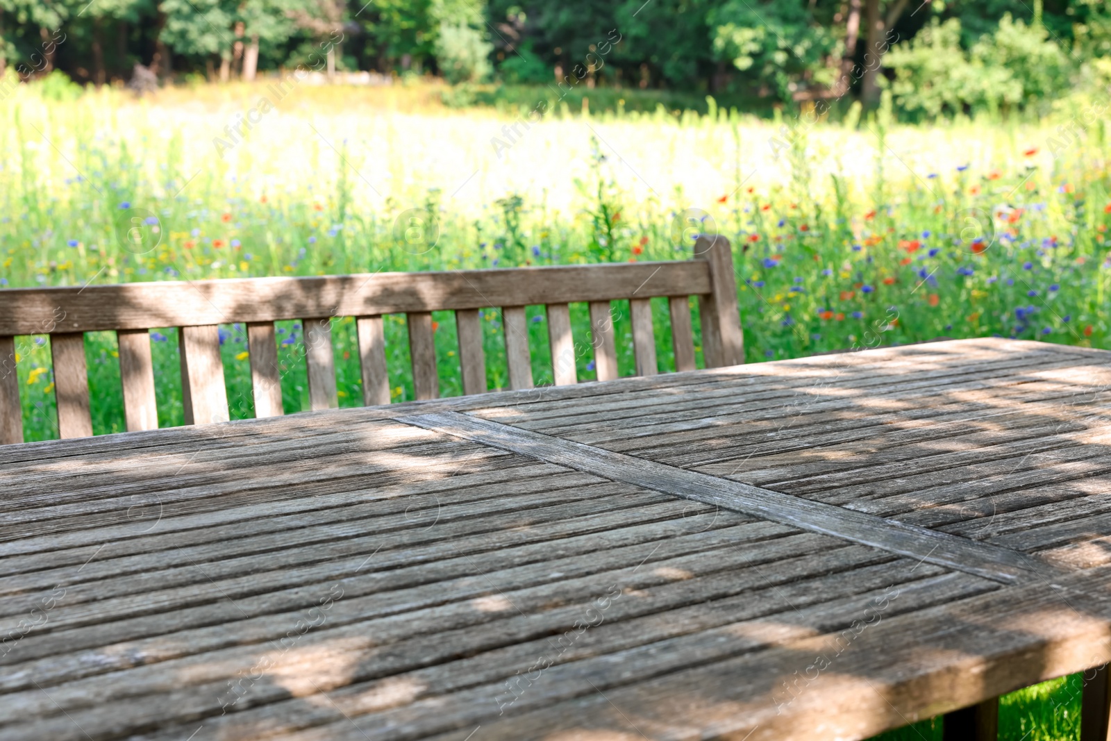 Photo of Empty wooden table with bench on sunny day in garden