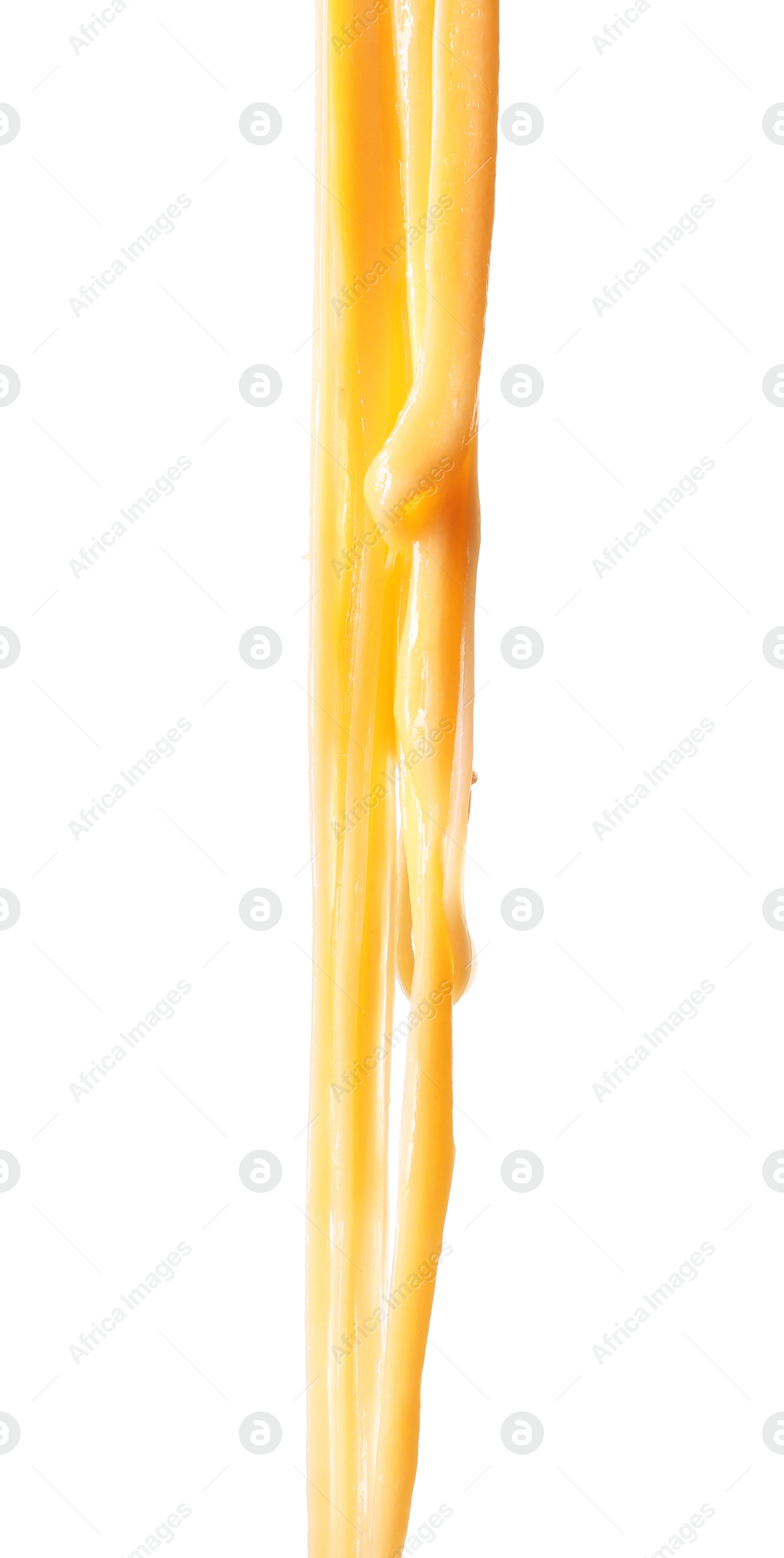 Photo of Stretching delicious melted cheese isolated on white