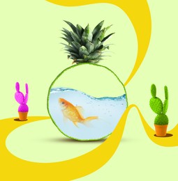 Image of Creative collage design. Goldfish in aquarium between bright cactuses on color background. Fish bowl of lime peel and pineapple leaves
