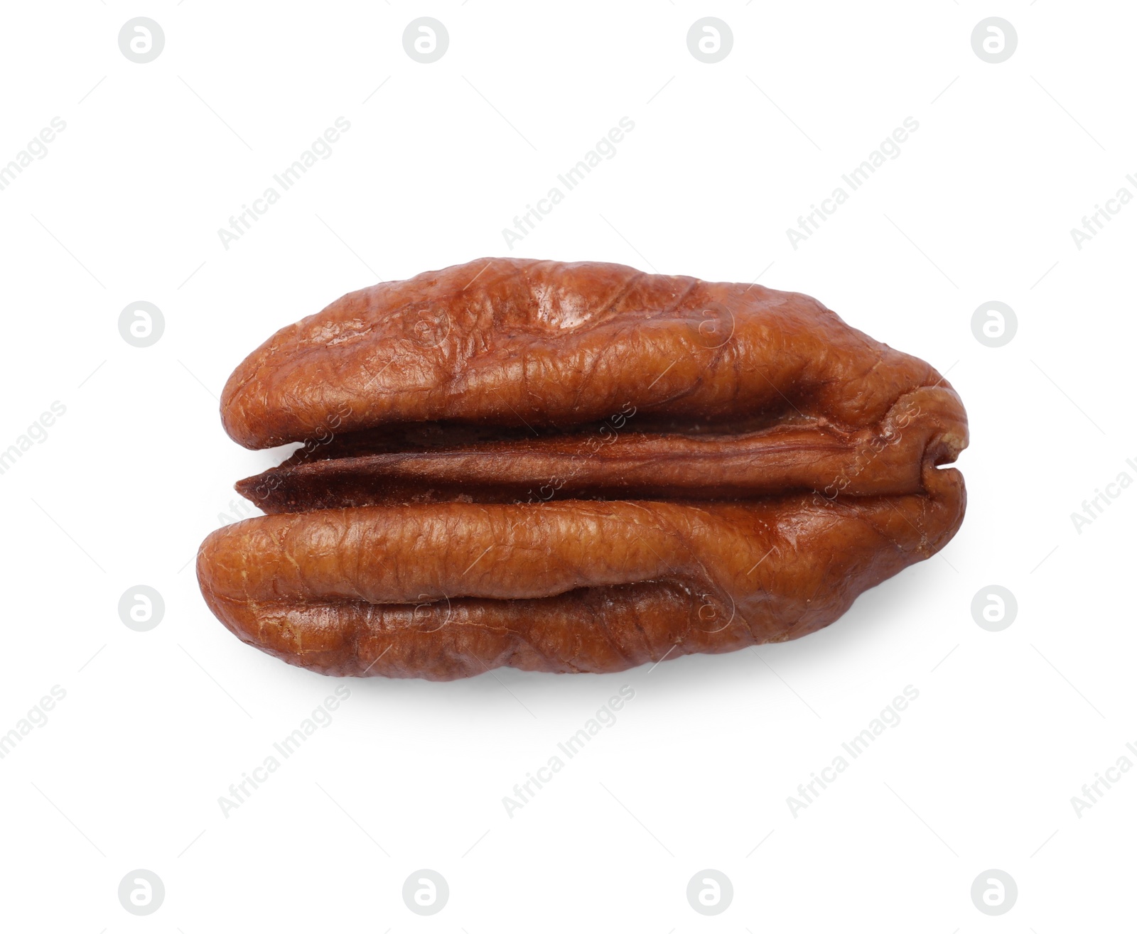 Photo of One tasty pecan nut isolated on white, top view