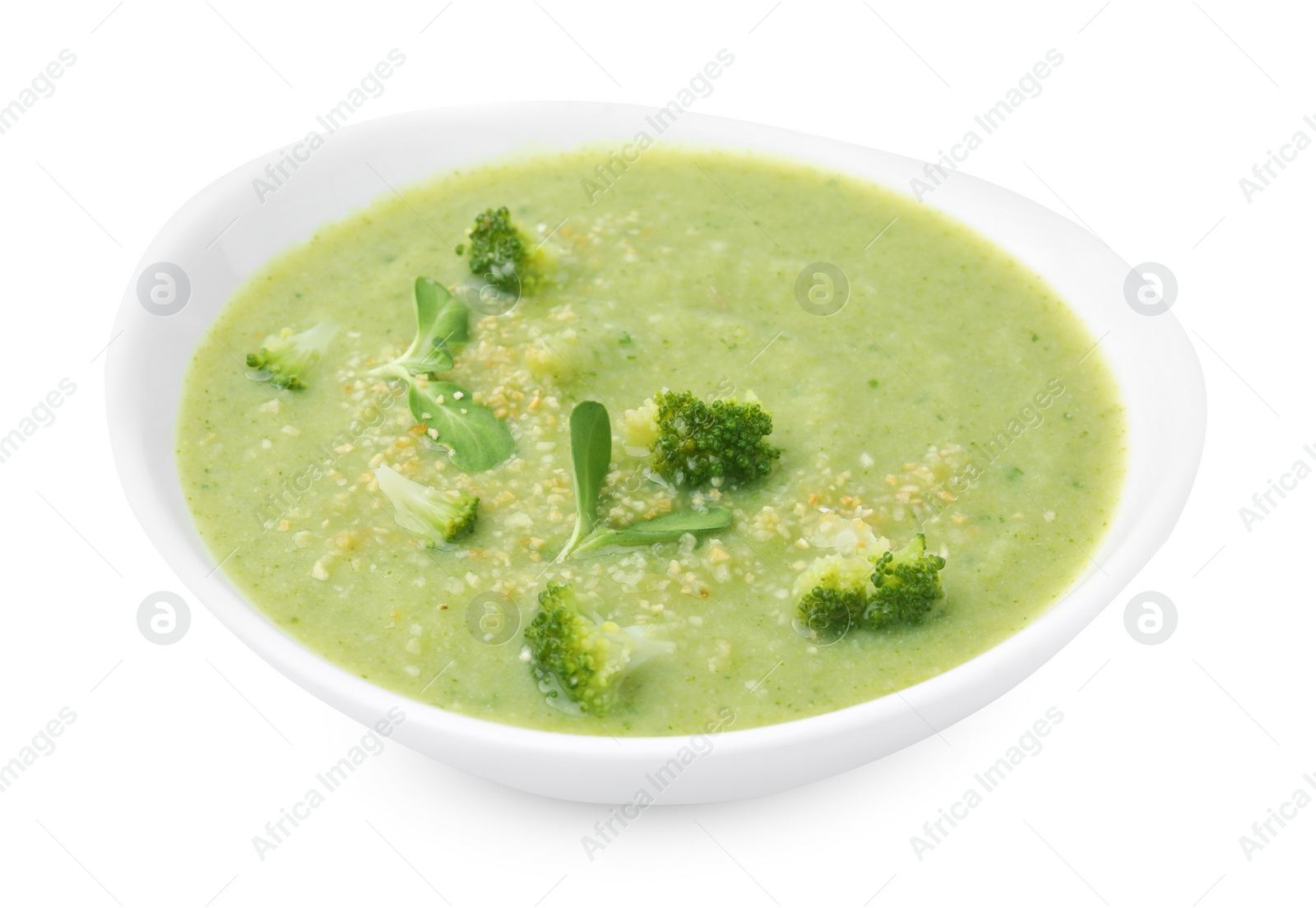 Photo of Delicious broccoli cream soup isolated on white