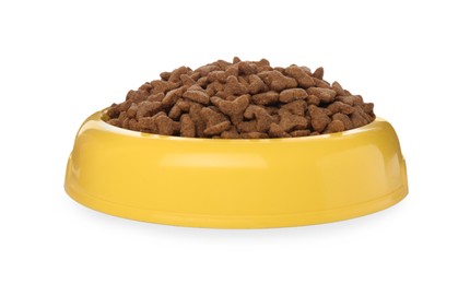 Dry food in yellow pet bowl isolated on white