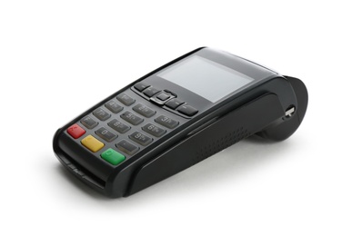 Photo of Modern payment terminal on white background. Space for text