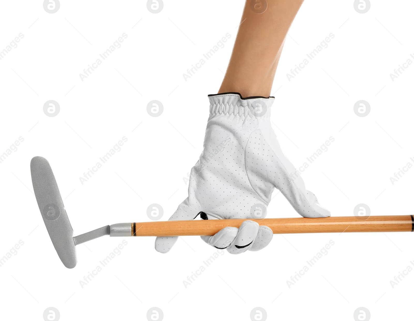 Photo of Woman holding golf club on white background, closeup