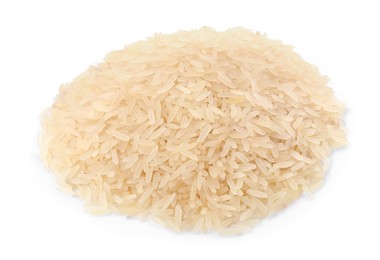 Photo of Pile of raw rice isolated on white