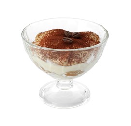 Photo of Delicious tiramisu with coffee beans in glass isolated on white