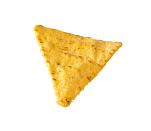 Photo of Tasty Mexican nacho chip on white background