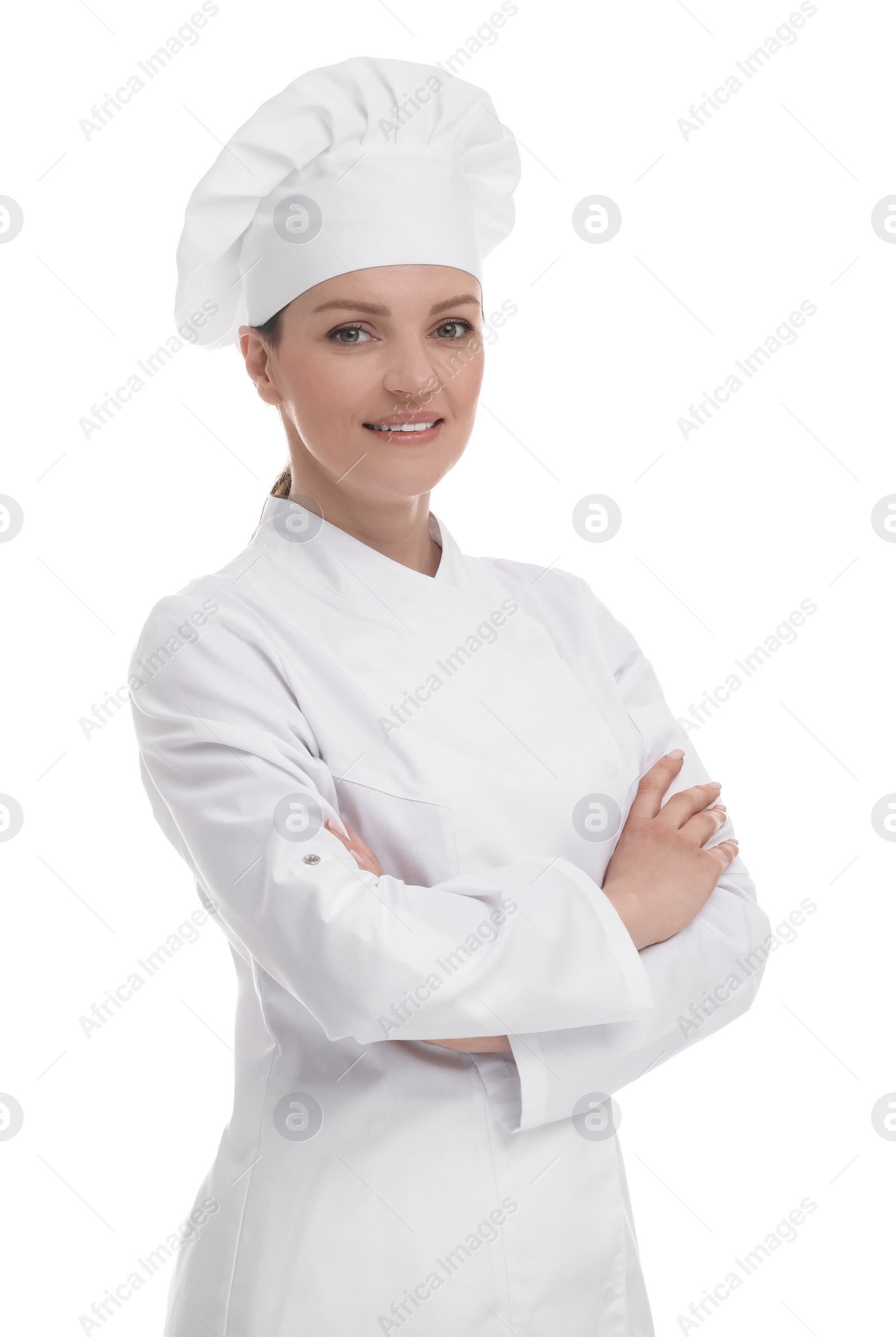 Photo of Happy woman chef in uniform on white background