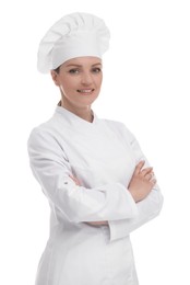 Happy woman chef in uniform on white background