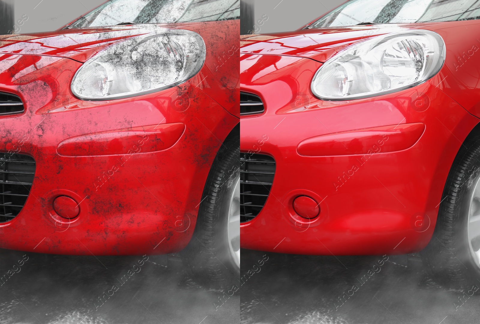 Image of Modern red automobile before and after washing