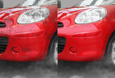 Image of Modern red automobile before and after washing