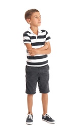 Photo of Adorable little boy in casual clothes on white background