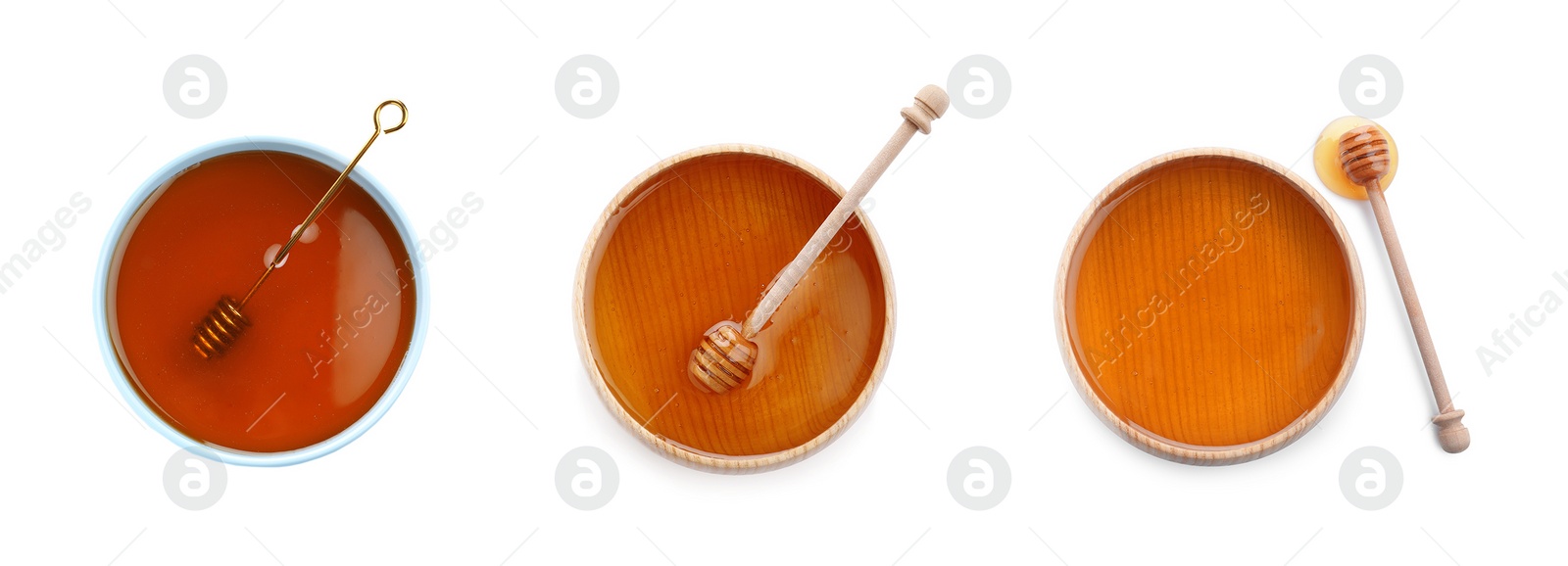 Image of Set of organic delicious honey on white background, top view