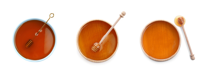 Image of Set of organic delicious honey on white background, top view